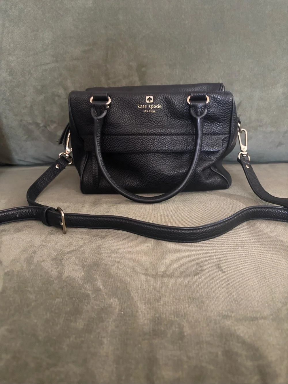 kate spade Black Pebbled Leather Satchel with Gold Logo